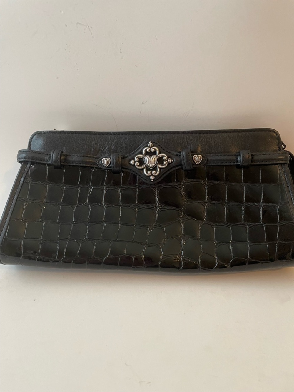Brighton Black Croc-Embossed Leather Wristlet Clutch with Silver Accents